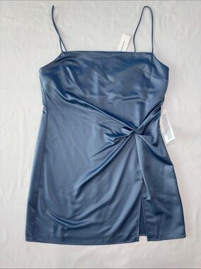 topshop blue satin slip dress Topshop Womens 14 Blue Satin Sleeveless Cowl Neck Mini Slip Dress Unlined NWT
